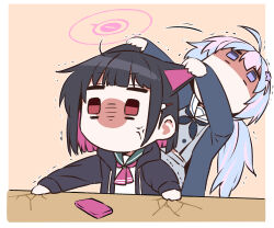 Rule 34 | 2girls, absurdres, ahoge, anger vein, animal ears, annoyed, b.t. (boob tong), black coat, black hair, black jacket, blue archive, blunt bangs, cat ears, cat girl, cellphone, chibi, coat, colored inner hair, commentary request, extra ears, hair between eyes, hair ornament, hairclip, halo, highres, holding, holding ears, hood, hooded jacket, jacket, kazusa (blue archive), long hair, looking at another, low twintails, multicolored hair, multiple girls, open clothes, open coat, open jacket, phone, pleated skirt, pulling, purple eyes, red eyes, reisa (blue archive), school uniform, serafuku, short hair, sidelocks, simple background, skirt, smartphone, spoken expression, star (symbol), star hair ornament, twintails, two-tone hair