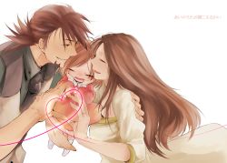 Rule 34 | 10s, 1boy, 2girls, age difference, aged down, bad id, brown hair, child, closed eyes, dress, facial hair, family, father and daughter, hands on another&#039;s face, hands on own face, heart, heart of string, husband and wife, kaburagi kaede, kaburagi t. kotetsu, kaburagi tomoe, long hair, mochi mocchi, mother and daughter, multiple girls, necktie, short hair, side ponytail, simple background, socks, stubble, tiger &amp; bunny, transparent background, vest, waistcoat, white background, white dress, yellow eyes