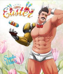 Rule 34 | 1boy, abs, animal ears, apex legends, armpits, bara, blush, bow, bowtie, bulge, commentary request, detached collar, facial hair, feet out of frame, flower, fuse (apex legends), happy easter, large pectorals, looking at viewer, lotus, love handles, male focus, mature male, muscular, muscular male, mustache, navel, nipples, one eye covered, pectorals, prosthesis, prosthetic arm, rabbit ears, red bow, red bowtie, short hair, shorts, sideburns, smile, solo, spiked hair, stomach, sugata ushiro, thick eyebrows, thick thighs, thighs, topless male, white shorts