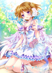 Rule 34 | 10s, 1girl, :d, angel wings, brown hair, dress, headphones, headset, koizumi hanayo, looking at viewer, love live!, love live! school idol festival, love live! school idol project, nogi takayoshi, open mouth, purple eyes, short hair, smile, solo, twintails, two side up, wings