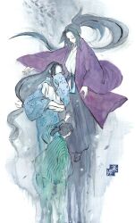 Rule 34 | 1girl, 1other, 2boys, baby, baby carry, black hair, black hakama, black socks, blue kimono, carrying, child, closed eyes, coat, commentary request, covering face, cpctbepfk4l2gax, extra, faceless, faceless female, family, floating hair, full body, green coat, hakama, hand up, haori, highres, japanese clothes, kimetsu no yaiba, kimono, long hair, long sleeves, low-tied long hair, multiple boys, outstretched arms, painting (medium), ponytail, purple coat, reaching, sandals, sleeves past fingers, sleeves past wrists, socks, tabi, traditional media, tsugikuni michikatsu, very long hair, watercolor (medium), white background, wide sleeves, zouri