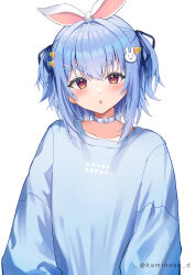 1girl absurdres alternate_costume animal_ears blue_hair blue_shirt blush choker hair_ornament highres hololive kaminose_(user_veum4325) medium_hair open_mouth orange_eyes rabbit-shaped_pupils rabbit_ears rabbit_girl rabbit_hair_ornament shirt short_eyebrows solo symbol-shaped_pupils tied_ears usada_pekora virtual_youtuber white_choker