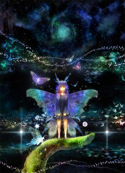 Rule 34 | 1girl, bug, butterfly, butterfly wings, chibi (artist), chibi (shimon), fairy, glowing, insect, insect wings, legs apart, night, night sky, original, outdoors, plant, purple eyes, purple hair, sky, solo, standing, star (sky), star (symbol), starry sky, wings