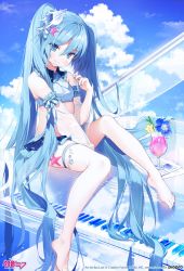 Rule 34 | 1girl, bare shoulders, barefoot, conductor baton, between legs, black skirt, blouse, blue eyes, blue hair, blue shirt, blue sky, blue theme, breasts, byulzzi, collared shirt, crop top, detached sleeves, grand piano, hair ornament, hatsune miku, highres, holding, instrument, long hair, looking at viewer, midriff, miniskirt, piano, revealing clothes, see-through, see-through sleeves, shirt, sitting, skirt, sky, small breasts, smile, solo, thigh strap, thighs, twintails, very long hair, vocaloid