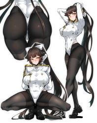 Rule 34 | 1girl, absurdres, adapted costume, arms behind back, arms up, ass, azur lane, black footwear, black hair, black pantyhose, blush, bow, breasts, covered erect nipples, covered navel, full body, gggg, hair bow, hair flaps, high ponytail, highres, large breasts, leotard, long hair, looking at viewer, military, military uniform, multiple views, pantyhose, parted lips, ponytail, spread legs, squatting, takao (azur lane), taut clothes, thigh gap, thighs, uniform, very long hair, wedgie, white bow, yellow eyes