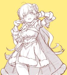 Rule 34 | 1girl, :d, ahoge, armpits, arms up, belt, belt pouch, blush, breasts, cape, commentary, cowboy shot, detached sleeves, dress, fur-trimmed dress, fur trim, greyscale, greyscale with colored background, hair ornament, hairclip, highres, hololive, horns, kanzaki hiro, long hair, looking at viewer, medium breasts, monochrome, open mouth, partially colored, pouch, sheep horns, simple background, sketch, smile, solo, tsunomaki watame, tsunomaki watame (1st costume), unfinished, virtual youtuber, yellow background