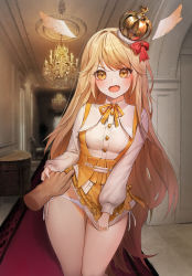 Rule 34 | 1girl, absurdres, blonde hair, blush, bow, breasts, carpet, chandelier, clothes lift, commentary, crown, detached wings, disembodied hand, dress, dress lift, dress tug, embarrassed, fang, feathered wings, gg amang, hair bow, highres, holding another&#039;s arm, indoors, lifting another&#039;s clothes, long hair, long sleeves, looking at viewer, medium breasts, mini crown, neck ribbon, open mouth, original, panties, red bow, red carpet, ribbon, side-tie panties, solo focus, standing, underwear, very long hair, vest, white dress, white panties, wings, yellow eyes, yellow ribbon, yellow vest