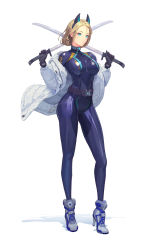 Rule 34 | 1girl, absurdres, ankle boots, aqua eyes, belt, blonde hair, blue bodysuit, bodysuit, boots, breasts, brushdog, coat, commentary, dual wielding, high heel boots, high heels, highres, holding, holding sword, holding weapon, horns, large breasts, original, pout, short hair, simple background, sword, weapon, white background, white coat