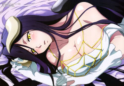 Rule 34 | 1girl, absurdres, albedo (overlord), bare shoulders, blue hair, blush, breasts, cleavage, collarbone, demon horns, elbow gloves, female focus, gloves, highres, horns, huge breasts, long hair, looking at viewer, low wings, lying, maehara momoko, megami magazine, non-web source, official art, on side, open mouth, overlord (maruyama), purple hair, slit pupils, solo, wings, yellow eyes