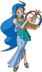 Rule 34 | 1girl, bare shoulders, belt, blue eyes, blue hair, collar, full body, harp, instrument, jewelry, jpeg artifacts, long hair, nayru, necklace, nintendo, official art, pointy ears, sandals, the legend of zelda, the legend of zelda: oracle of ages, the legend of zelda: oracle of seasons, transparent background, very long hair