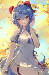 Rule 34 | 1girl, :d, ahoge, blue hair, breasts, china dress, chinese clothes, cleavage, cleavage cutout, clothing cutout, commentary, dress, ganyu (genshin impact), genshin impact, goat horns, gradient eyes, hair between eyes, highres, horns, long hair, looking at viewer, multicolored eyes, open mouth, shanshanziyu, sitting, small breasts, smile, solo, tassel, thigh strap, thighs, tree, very long hair
