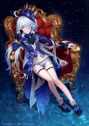 Rule 34 | 1girl, ahoge, armchair, ascot, asymmetrical gloves, bare legs, black footwear, black gloves, blue bow, blue eyes, blue hair, blue headwear, blue jacket, blue sash, bow, brooch, chair, commentary request, furina (genshin impact), genshin impact, gloves, hair between eyes, hair over one eye, hat, helloimtea, highres, jacket, jewelry, long hair, long sleeves, looking at viewer, mismatched gloves, sash, shoes, short shorts, shorts, sitting, socks, solo, sparkle, thigh strap, thighs, top hat, very long hair, water, white gloves, white hair, white shorts, white socks
