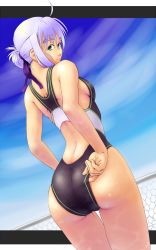 Rule 34 | 1girl, adjusting clothes, adjusting swimsuit, ass, competition swimsuit, from behind, green eyes, hair bun, headband, highres, hokkyoku, light purple hair, looking back, one-piece swimsuit, original, short hair, single hair bun, swimsuit