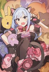 Rule 34 | 1girl, animal ear fluff, animal ears, ap bar, arm garter, bare shoulders, bell, black gloves, black thighhighs, blue eyes, blue hair, blush, bow, bowtie, breasts, cat ears, cat tail, dot nose, dress, fake animal ears, fake tail, fang, fingerless gloves, gloves, hand up, highres, idolmaster, idolmaster million live!, idolmaster million live! theater days, jingle bell, knee up, light blue hair, long hair, looking at viewer, lying, medium breasts, neck bell, on back, open mouth, paw pose, pink bow, pink bowtie, pink dress, pink footwear, shiraishi tsumugi, shoe soles, shoes, solo, stuffed animal, stuffed cat, stuffed rabbit, stuffed toy, sweatdrop, tail, thighhighs