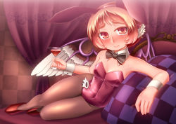 Rule 34 | 1girl, alcohol, animal ears, bare shoulders, black pantyhose, blush, bow, bowtie, checkered background, cocktail glass, cup, curtains, detached collar, drinking glass, earrings, eyebrows, fake animal ears, female focus, heart, heart-shaped pupils, jewelry, leotard, lying, mystia lorelei, on side, pantyhose, pillow, playboy bunny, rabbit ears, red eyes, red hair, short hair, smile, solo, symbol-shaped pupils, thick eyebrows, tora (trampjing), touhou, wine, wine glass, wings, wrist cuffs