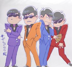 Rule 34 | 10s, 4boys, bad id, bad twitter id, black hair, eyebrows, finger to mouth, formal, jewelry, male focus, matsumoto (5okuen), matsuno karamatsu, money, multiple boys, multiple persona, necklace, open mouth, osomatsu-kun, osomatsu-san, osomatsu (series), suit, sunglasses