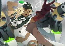 Rule 34 | 1girl, 700hash, absurdres, bandaged arm, bandages, blonde hair, breasts, clover, dark-skinned female, dark skin, floating, floating object, floating sword, floating weapon, four-leaf clover, guilty gear, guilty gear strive, hair between eyes, highres, long hair, looking to the side, medium breasts, open mouth, orange eyes, ramlethal valentine, short shorts, shorts, sword, thigh strap, weapon, white headwear, white shorts