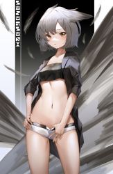 Rule 34 | 1girl, absurdres, alternate costume, animal ears, azur lane, black jacket, breasts, brown eyes, character name, eyebrows hidden by hair, fang, feathers, gradient background, grey hair, highres, jacket, ka11 ca, looking at viewer, micro shorts, navel, short hair, shorts, skin fang, small breasts, solo, suzutsuki (azur lane), white shorts