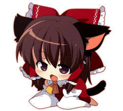 Rule 34 | 1girl, all fours, animal ears, bad id, bad pixiv id, blush, bow, brown eyes, brown hair, cat ears, cat girl, cat tail, chibi, detached sleeves, dress, fang, female focus, full body, hair bow, hair tubes, hakurei reimu, japanese clothes, kemonomimi mode, matatabi maru, miko, necktie, open mouth, red dress, simple background, solo, tail, touhou, white background