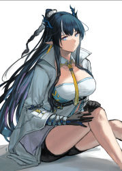 Rule 34 | 1girl, absurdres, ai-bon, arknights, arm tattoo, bare legs, black gloves, black hair, black shorts, blouse, blue eyes, braid, breasts, cleavage, coat, detached collar, dragon horns, earrings, feet out of frame, gloves, highres, horns, jewelry, large breasts, ling (arknights), long sleeves, looking at viewer, multicolored hair, necktie, open clothes, open coat, parted lips, pointy ears, shirt, short shorts, shorts, simple background, sitting, smile, solo, streaked hair, tattoo, two-tone hair, underbust, white background, white coat, white hair, white shirt, wide sleeves, yellow necktie