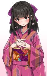 Rule 34 | 1girl, absurdres, black hair, blunt bangs, blush, bow, brown eyes, closed mouth, commentary request, gradient background, hair bow, harigane shinshi, heart, highres, interlocked fingers, japanese clothes, kimono, long hair, long sleeves, obi, original, own hands together, pink background, pink kimono, purple bow, sash, smile, solo, white background, wide sleeves