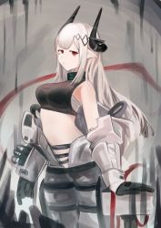 Rule 34 | 1girl, absurdres, arknights, bandages, bare shoulders, black choker, black gloves, breasts, choker, commentary request, cowboy shot, crop top, female focus, gloves, highres, horns, infection monitor (arknights), large breasts, long hair, looking at viewer, midriff, mizuhashi parusui, mudrock (arknights), mudrock (elite ii) (arknights), no navel, off shoulder, pointy ears, red eyes, sarashi, solo, sports bra, standing, stomach, very long hair, white hair