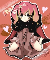 10s 1girl bad_id bad_pixiv_id bare_legs blush_stickers cape charlotte_(madoka_magica) female_focus heart highres long_sleeves mahou_shoujo_madoka_magica mahou_shoujo_madoka_magica_(anime) mizukakegohan personification pink_hair sakurai_(yoso_no_ko) sleeves_past_wrists solo twintails