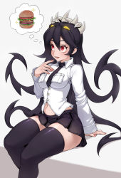 Rule 34 | 1girl, black hair, black skirt, black thighhighs, burger, cheshirrr, commentary, english commentary, filia (skullgirls), food, hand on own chest, highres, long hair, looking up, navel, open mouth, red eyes, samson (skullgirls), skindentation, skirt, skullgirls, solo, thighhighs, thinking, very long hair