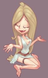 Rule 34 | 1girl, barefoot, blonde hair, breasts, closed eyes, collarbone, conoghi, dress, fang, feet, full body, grey background, long hair, navel, open mouth, simple background, sitting, skadi (character), skadi (comic), sleeveless, sleeveless dress, small breasts, smile, thigh strap, very long hair, wariza, white dress