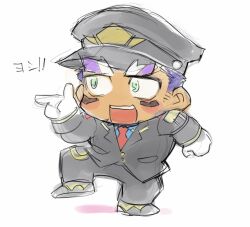 Rule 34 | 1boy, bara, blush stickers, chibi, dark-skinned male, dark skin, facial hair, full body, goatee, live a hero, male focus, pointing, pointing forward, purple hair, shaft (live a hero), short hair, sideburns stubble, sketch, solo, standing, standing on one leg, stubble, thick eyebrows, translation request, yakisoba ohmori