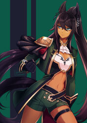 Rule 34 | 1girl, arm at side, armor, black gloves, black hair, breasts, cleavage, clenched hand, closed mouth, commentary request, cropped jacket, dark-skinned female, dark skin, earrings, gloves, green eyes, green jacket, green shorts, hair ornament, hi (ibisf5umauma), highres, horse girl, horse tail, jacket, jewelry, large breasts, long hair, long sleeves, looking to the side, navel, shorts, shoulder armor, single earring, solo, split ponytail, symboli kris s (umamusume), tail, tassel, thigh strap, twitter username, umamusume