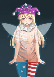 Rule 34 | 1girl, american flag dress, american flag legwear, baketsuya, blonde hair, blush, clothes pull, clownpiece, covered erect nipples, cowboy shot, fairy wings, flat chest, hat, highres, jester cap, long hair, looking at viewer, navel, nipples, pantyhose, pantyhose pull, purple eyes, pussy juice, see-through, smile, solo, striped clothes, striped pantyhose, sweat, tongue, tongue out, touhou, undressing, wings