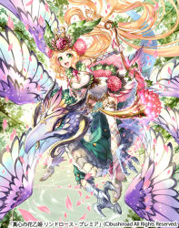 Rule 34 | 1girl, blonde hair, boots, breasts, cardfight!! vanguard, cleavage, company name, crown, dragon, feathered wings, feathers, flower, flower princess of candor lindroos premier, green eyes, hair flower, hair ornament, high heel boots, high heels, leaf, long hair, mekameka shii, official art, open mouth, petals, solo, staff, tree, wings