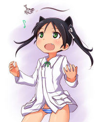 Rule 34 | 1girl, a9b (louis814), animal ears, beetle, black hair, bug, cat ears, fang, flying, francesca lucchini, green eyes, hair ribbon, highres, insect, military, military uniform, musical note, no pants, open mouth, panties, ribbon, solo, stag beetle, strike witches, striped clothes, striped panties, twintails, underwear, uniform, world witches series