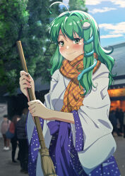 Rule 34 | 1girl, 6+others, adapted costume, ahoge, blue hakama, blue sky, blush, broom, closed mouth, cloud, commentary request, cowboy shot, day, frog hair ornament, green eyes, green hair, hair between eyes, hair ornament, hakama, highres, holding, holding broom, japanese clothes, kochiya sanae, long hair, looking at viewer, miko, multiple others, murasaki tsutsuji, orange scarf, outdoors, people, plaid, plaid scarf, scarf, shirt, shrine, single sidelock, sky, smile, snake hair ornament, solo focus, touhou, tree, white shirt, wide sleeves