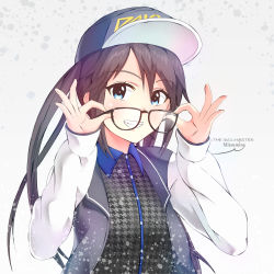 Rule 34 | 1girl, bad id, bad pixiv id, baseball cap, black hair, blue eyes, blush, commentary, glasses, grin, hat, highres, idolmaster, idolmaster shiny colors, jacket, long hair, long sleeves, looking at viewer, mitsumine yuika, ns.x, removing eyewear, smile, solo, teeth, twintails