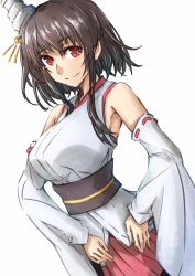 Rule 34 | 1girl, black hair, commentary, cowboy shot, detached sleeves, hair ornament, headgear, kantai collection, looking at viewer, one-hour drawing challenge, pleated skirt, red eyes, red skirt, short hair, simple background, skirt, smile, solo, tonke, white background, wide sleeves, yamashiro (kancolle)