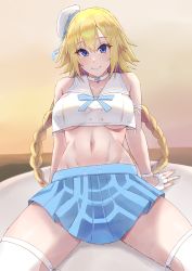 Rule 34 | 1girl, bare shoulders, beret, blonde hair, blue eyes, blue skirt, blush, braid, breasts, choker, closed mouth, crop top, crop top overhang, fate/apocrypha, fate/grand order, fate (series), gloves, hat, highres, jeanne d&#039;arc (fate), jeanne d&#039;arc (mystery treasure) (fate), jeanne d&#039;arc (ruler) (fate), large breasts, leaning back, long hair, looking at viewer, midriff, mystery treasure, navel, sailor collar, sitting, skirt, smile, smodzz998, solo, thighhighs, thighs, twin braids, very long hair, white gloves, white thighhighs