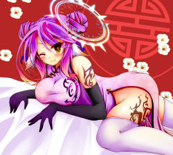 Rule 34 | 1girl, black gloves, blush, breasts, butt crack, china dress, chinese clothes, closed mouth, commentary request, spiked halo, cross, double bun, dress, elbow gloves, gloves, gradient eyes, gradient hair, hair bun, halo, jibril (no game no life), large breasts, long hair, looking at viewer, lying, magic circle, mimi0846, multicolored eyes, multicolored hair, no game no life, on stomach, orange eyes, pink hair, pink thighhighs, smile, solo, symbol-shaped pupils, tattoo, thighhighs, wing ears, yellow eyes