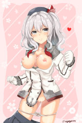Rule 34 | 10s, 1girl, beret, breasts, buttons, cleavage, clenched hand, cum, cum on body, cum on breasts, cum on upper body, gloves, hat, heart, highres, jacket, kantai collection, kashima (kancolle), kerchief, kono (uiyoyo199), long hair, looking at viewer, military, military uniform, no bra, open clothes, open shirt, panties, panty pull, removing jacket, shirt, grey eyes, silver hair, skirt, solo, twintails, twitter username, underwear, uniform, wavy hair, white gloves
