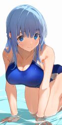 Rule 34 | 1girl, all fours, bare legs, blue eyes, blue hair, blue lotus (flower knight girl), blue one-piece swimsuit, blush, breasts, cleavage, collarbone, competition swimsuit, flower knight girl, highres, large breasts, looking at viewer, mole, mole under each eye, mole under eye, multiple moles, one-piece swimsuit, pisuta (yamashiro), shallow water, smile, solo, swimsuit, water