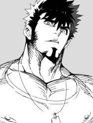 Rule 34 | 1boy, bara, covered erect nipples, dimension w, dog tags, facial hair, goatee, greyscale, head tilt, large pectorals, long sideburns, mabataki, mabuchi kyoma, pectoral cleavage, male focus, mature male, monochrome, muscular, muscular male, pectorals, short hair, sideburns, solo, stubble, thick eyebrows, upper body
