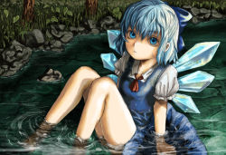 Rule 34 | 1girl, bad id, bad pixiv id, belko, blue bow, blue eyes, blue hair, bow, cirno, embodiment of scarlet devil, face, hair bow, matching hair/eyes, nature, short hair, sitting, solo, submerged, sweatdrop, touhou, water, wet, wet clothes, wings