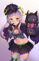 Rule 34 | 1girl, absurdres, black capelet, black hat, black skirt, blunt bangs, bow, breasts, brown eyes, brown gloves, cabbie hat, capelet, commentary request, crescent, crop top, gloves, grey hair, grey shirt, groin, hair bun, hand up, hat, highres, hololive, long hair, long sleeves, looking at viewer, midriff, monocle, murasaki shion, murasaki shion (1st costume), navel, ohihil, parted lips, pink bow, pipe in mouth, pleated skirt, shirt, side bun, single hair bun, single side bun, skirt, sleeves past wrists, small breasts, smoking pipe, striped clothes, striped shirt, striped thighhighs, thighhighs, v-shaped eyebrows, vertical-striped clothes, vertical-striped shirt, vertical-striped thighhighs, very long hair, virtual youtuber