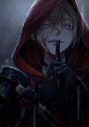 Rule 34 | 1boy, 86 hachimitu, absurdres, armor, black gloves, black hair, black necktie, blood, blood in hair, blood on clothes, blood on face, blurry, brown hair, chest guard, collared shirt, depth of field, eyelashes, eyeliner, finger to mouth, gloves, hair between eyes, hands up, highres, holding, holding sword, holding weapon, hood, hoodie, hyuuga masamune, index finger raised, japanese armor, layered clothes, light brown hair, long sleeves, looking at viewer, makeup, male focus, multicolored hair, necktie, overcast, parted lips, portrait, purple eyes, rain, red hood, red hoodie, red lips, reverse grip, shirt, shoulder armor, shushing, sidelocks, signature, sky, smile, smirk, sode, solo, streaked hair, sword, touken ranbu, weapon, wet, wet hair, white shirt
