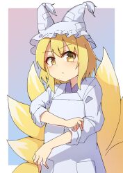 Rule 34 | 1girl, blonde hair, border, closed mouth, cowboy shot, dot mouth, dot nose, fox tail, gradient background, hat, highres, lab coat, long sleeves, looking at viewer, medium hair, mob cap, multiple tails, shadow, simple background, sleeves rolled up, solo, tail, tksand, touhou, white border, white tassel, yakumo ran, yellow eyes