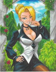 Rule 34 | 1girl, 2021, arch, artist name, black choker, blonde hair, blue eyes, breasts, brown pantyhose, buttons, choker, cleavage, cowboy shot, day, detached sleeves, dress, earrings, female focus, flower, forest, grin, hair bun, hand on own face, hand on own hip, highres, jewelry, large breasts, long sleeves, mature (kof), nature, outdoors, pantyhose, plant, ravernclouk design, shorts, sky, smile, snk, solo, standing, the king of fighters, traditional media, tree, v-shaped eyebrows