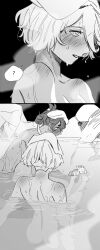 Rule 34 | 2girls, ?, absurdres, blush, commentary request, completely nude, greyscale, gundam, gundam suisei no majo, hand on another&#039;s foot, highres, korean commentary, long hair, miorine rembran, monochrome, multiple girls, nude, onsen, parted lips, partially submerged, rock, short hair, shoulder blush, snapagi, spoken question mark, steam, suletta mercury, thick eyebrows, towel, towel on head, water, yuri