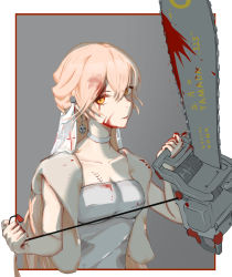 Rule 34 | 1girl, blonde hair, blood, blood on clothes, blood on face, breasts, bridal veil, chainsaw, character name, cleavage, closed mouth, collarbone, dress, earrings, girls&#039; frontline, highres, holding, holding chainsaw, jewelry, long hair, looking at viewer, medium breasts, mo geng, orange eyes, ots-14 (girls&#039; frontline), simple background, solo, veil, wedding dress, white dress