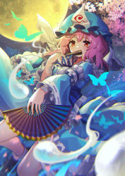 Rule 34 | 1girl, absurdres, blue kimono, blurry, breasts, bug, butterfly, cherry blossoms, chromatic aberration, covering own mouth, depth of field, foot out of frame, full moon, hand fan, hat, highres, hitodama, holding, holding fan, insect, japanese clothes, kimono, medium breasts, medium hair, mob cap, moon, night, night sky, outdoors, pink eyes, pink hair, saigyouji yuyuko, sky, solo, touhou, triangular headpiece, yuujin (yuzinn333)